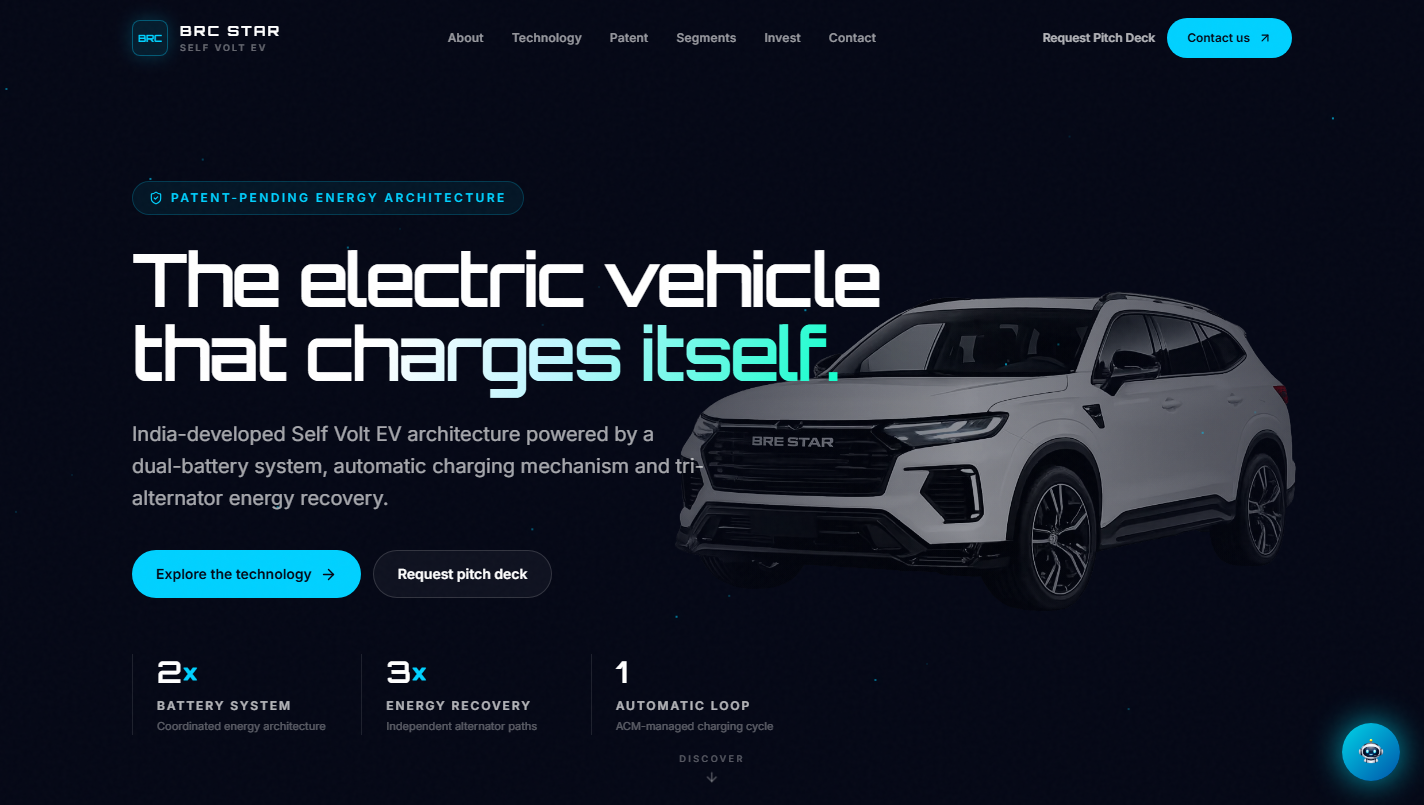 BRC STAR Self Volt EV live website showcase featuring dark hero section and electric vehicle